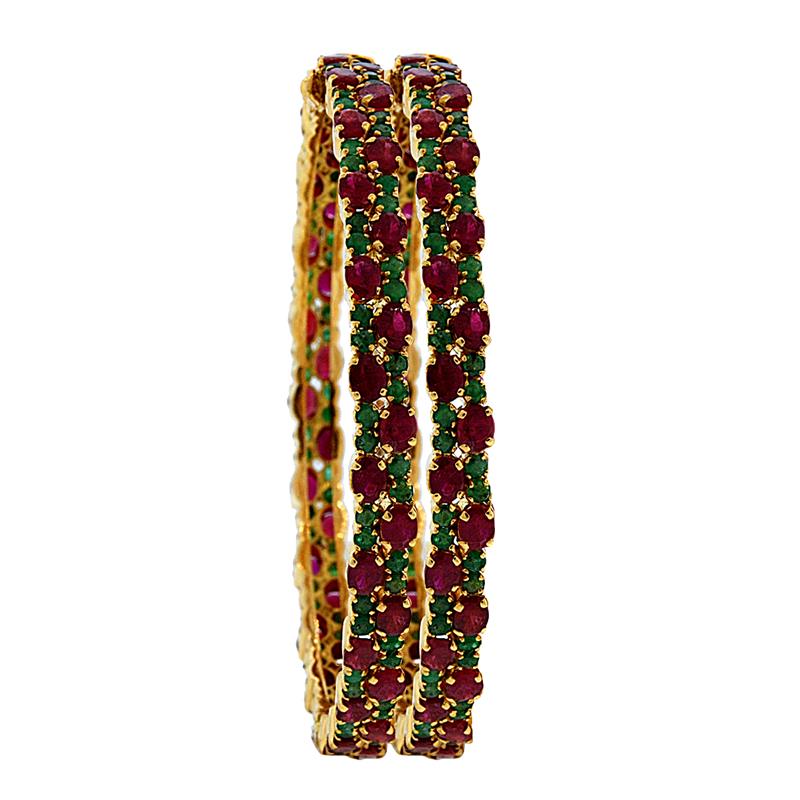 Image Of 22 Karat Gold Pair of Ruby Emerald Openable Bangles