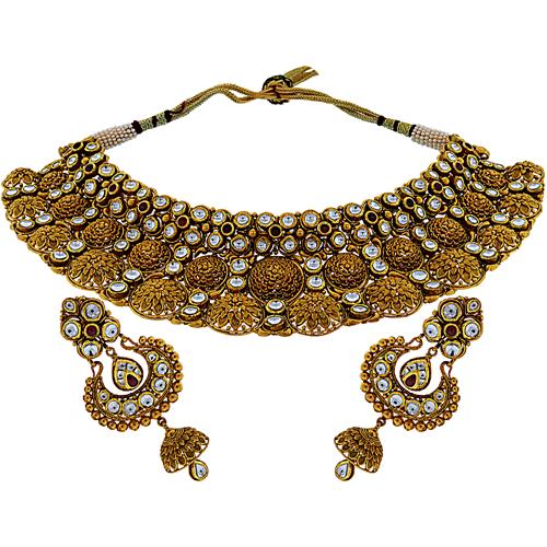 Image Of 22 Karat Gold Antique Kundan Necklace Set