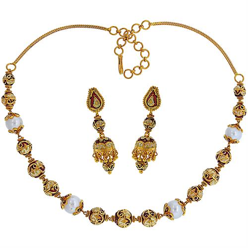 Image Of 22 Karat Gold Minakari Pearl Necklace Set