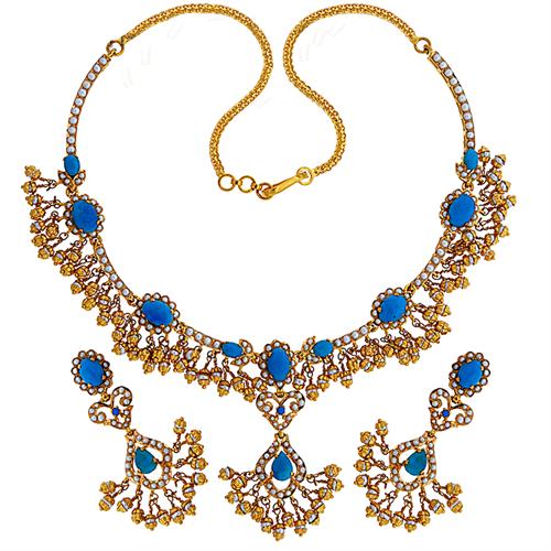 Image Of 22 Karat Gold Turquoise & Pearl Necklace Set