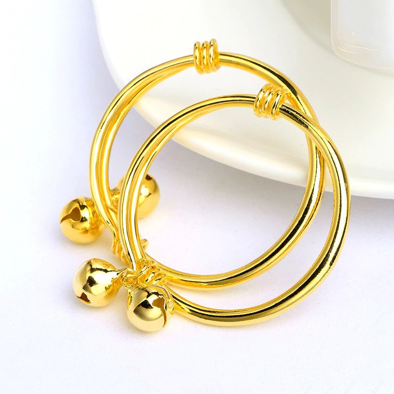 Image Of 2Piece-Cute-Children-s-Bracelet-Bangle-Yellow-Gold-Filled-Smooth-Bell-Bangle-for-Baby-Girl-and