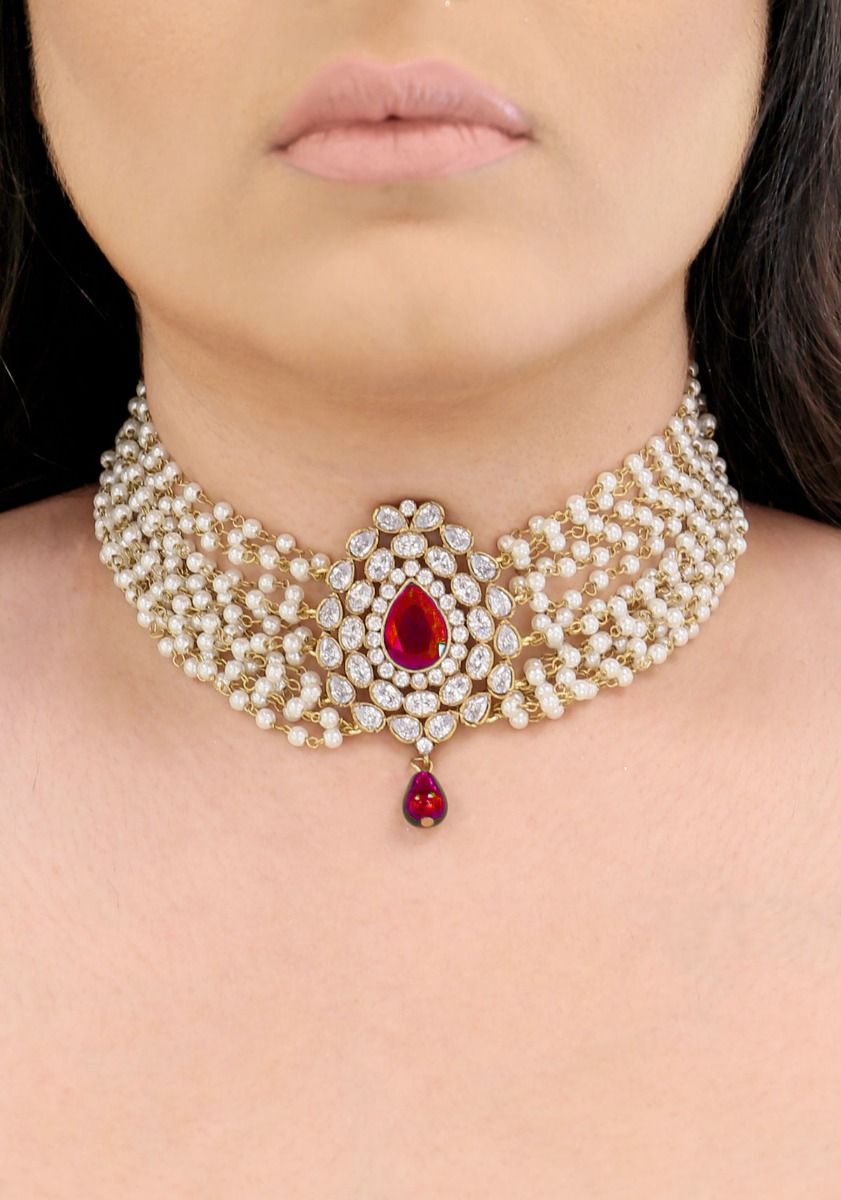Image Of pearls choker with red onyx stone