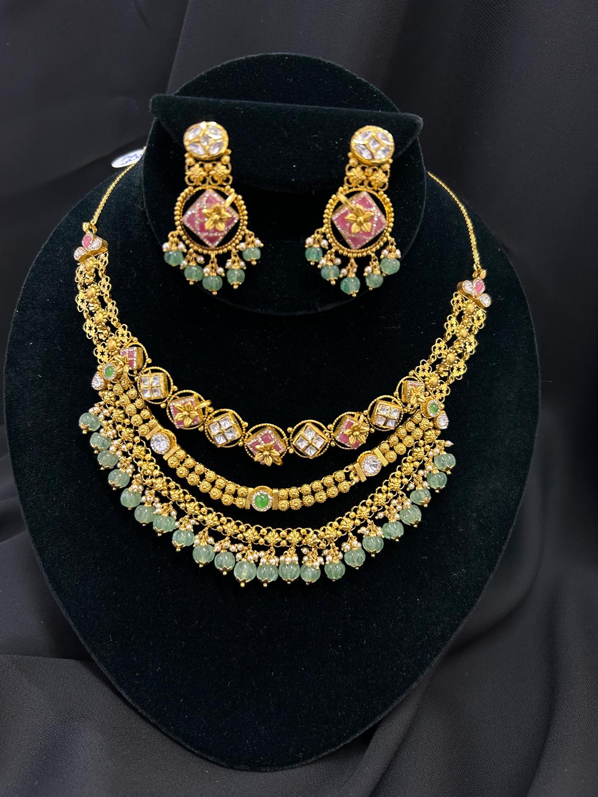 Image Of Antique Gold Necklace Set with Uncut Rubies
